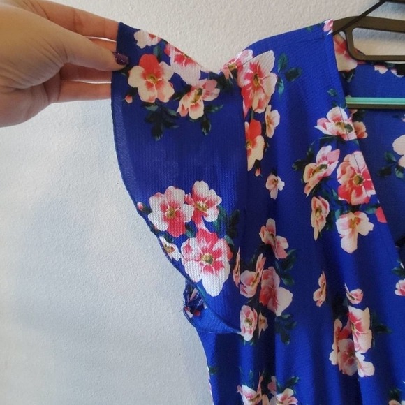 BLUE floral crepe faux wrap maxi dress plus 2X - Picture 4 of 9